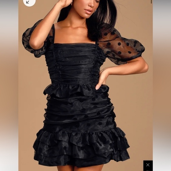 Lulus Beloved Beauty Black Polka Dot Puff Sleeve Ruffled
Mini Dress - Picture 1 of 10